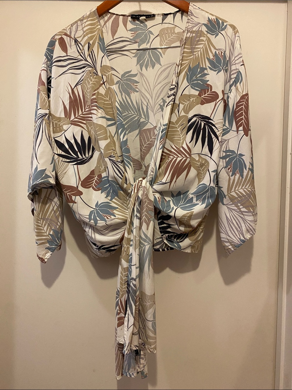 Final Touch Tropical Leaf Tie-Front Camisole in Cream, Blue, Tan, Brown